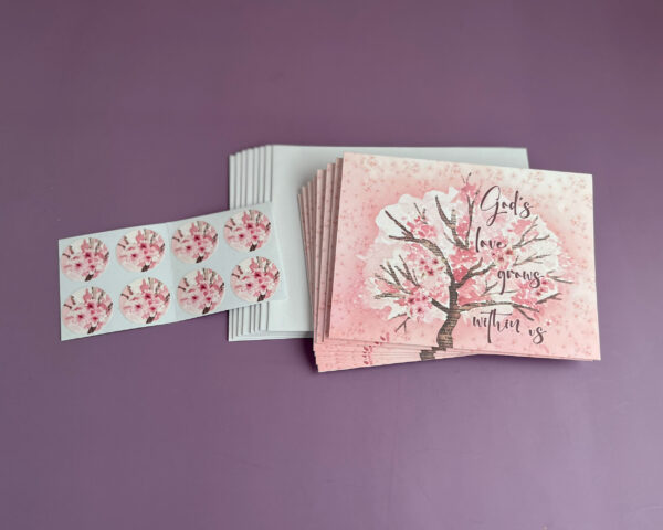 SET: God's Love Grows pink floral tree note card with envelope