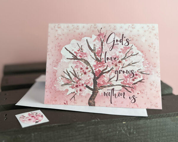 God's Love Grows pink floral tree note card with envelope